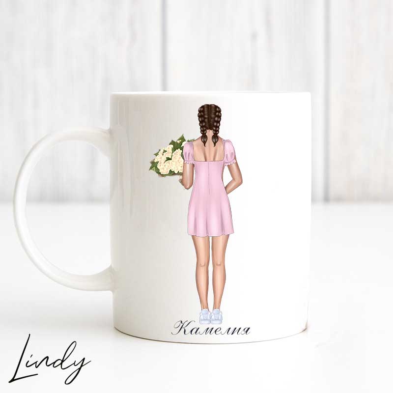 Персонализирана чаша Момиче с цветя | Lindy Design | Чаша за подарък | Чаша по поръчка Персонализирана чаша Момиче с цветя