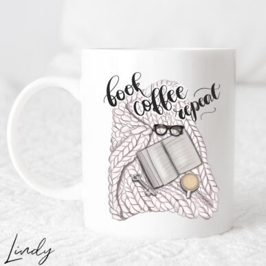 Чаша за подарък с надпис "Book, coffee, repeat"