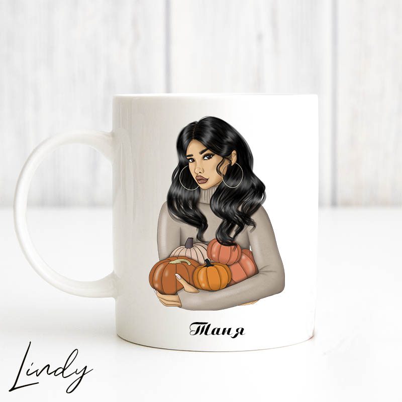 Персонализирана чаша Есенно момиче | Lindy Design | Чаша за подарък | Чаша по поръчка Персонализирана чаша Есенно момиче