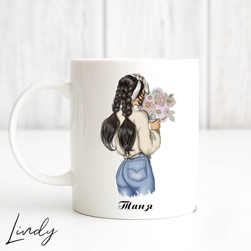 Персонализирана чаша Момиче с букет цветя | Lindy Design | Чаша за подарък | Чаша по поръчка Персонализирана чаша Момиче с букет цветя