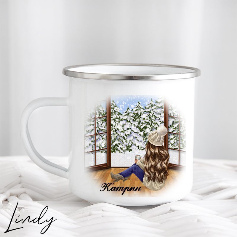 Метално емайлирано канче за подарък Момиче с чай | Lindy Design | Чаша за подарък | Чаша по поръчка Метално емайлирано канче за подарък Момиче с чай