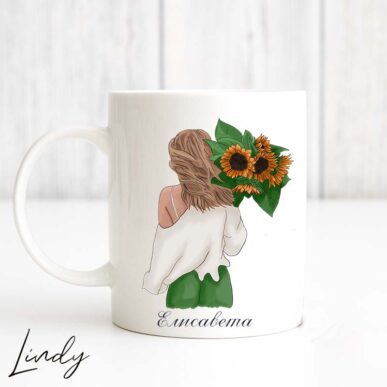 Персонализирана чаша за подарък "Момиче със слънчогледи"