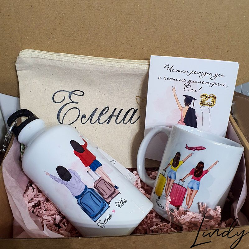 Подаръчна кутия Lindy  комплект от керамична чаша бутилка и картичка | Lindy Design | Чаша за подарък | Чаша по поръчка Подаръчна кутия Lindy   комплект от керамична чаша бутилка и картичка