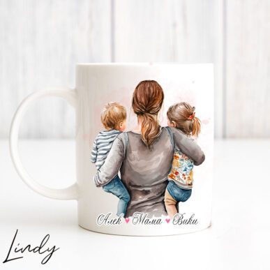 Персонализирана чаша за подарък "Майка с дъщеря и син"