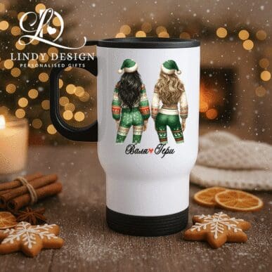 Коледна термо чаша за приятелки “Зелена Коледа”