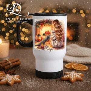 Коледна термо чаша Момиче пред камината