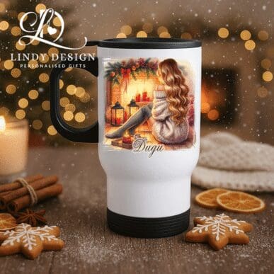 Коледна термо чаша “Момиче пред камината”