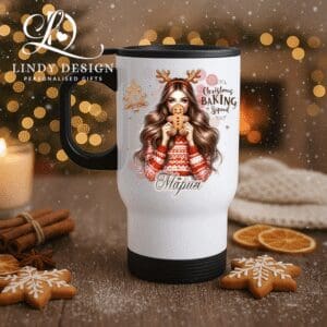 Коледна термо чаша Момиче с коледна бисквитка | Lindy Design | Чаша за подарък | Чаша по поръчка Коледна термо чаша Момиче с коледна бисквитка
