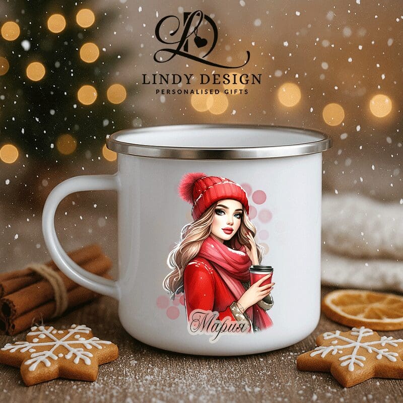 Емайлирано канче Коледно момиче | Lindy Design | Чаша за подарък | Чаша по поръчка Емайлирано канче Коледно момиче