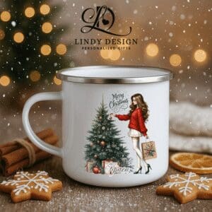 Емайлирано канче Коледно момиче пред елха